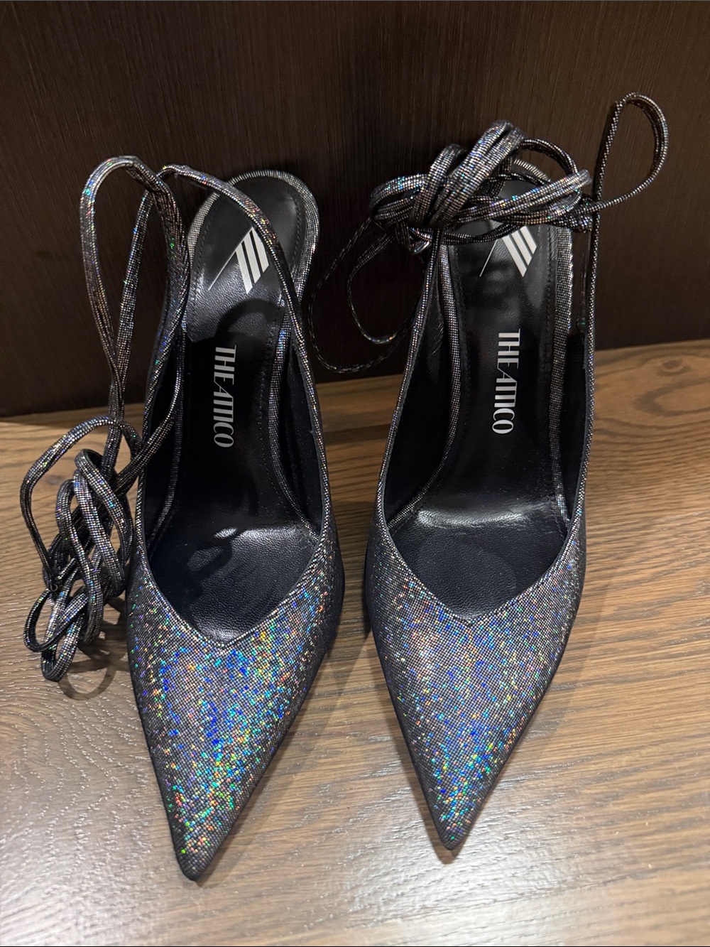 The Attico Holographic Glitter Pointed-Toe Lace-Up Pumps - Black Multicolor
